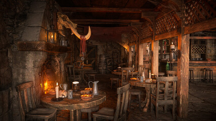 Dark moody medieval tavern inn interior with food and drink on round tables around an open fire burning in the fireplace. 3D illustration.