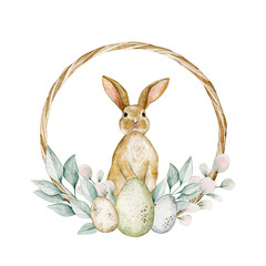 Watercolor illustration easter card with wreath, bunny, eggs and eucalyptus. Isolated on white background. Hand drawn clipart. Perfect for card, postcard, tags, invitation, printing, wrapping.