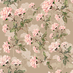 Watercolor bouquet of pink roses. Spring ornament.  Seamless pattern with beige background.