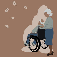 Back view of elderly woman holding a wheelchair with bald old man sitting on brown background.Couple who takes care of each other until they grow old.Vector isolate flat design concept for healthcare