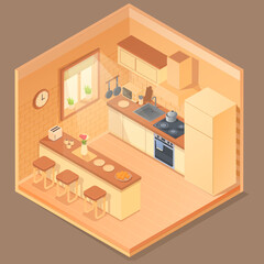 isometric kitchen with furniture, vector illustration