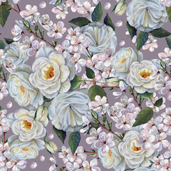 Watercolor bouquet of roses with flowers cherry. Spring ornament.  Seamless pattern with purple background.