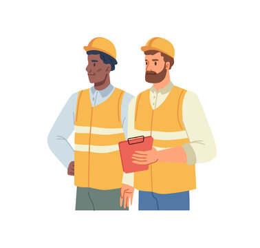 Builders or construction industry workers in yellow helmets and protective vests, folder tablet in hands flat cartoon vector illustration. Vector young people in workwear standing with documents