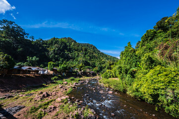 Landscape view of mountains and river of Sapan Village At nan Thailand.Sapan is Small and tranquil Village in the mountain.Thailand destination travel