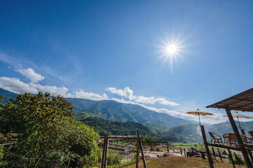 Fototapeta premium Beautiful landscape view and mist cover the mountain at Sapan Village nan Thailand.Sapan is Small and tranquil Village in the mountain.