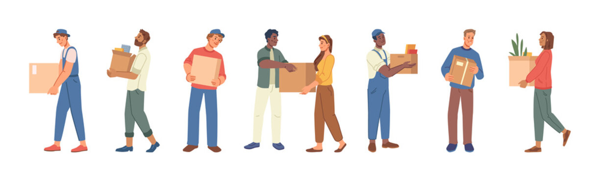 Man and woman holding boxes in hands, moving to office, changing housing or buying new apartment isolated flat cartoon characters. Vector people and paper boxes, belongings, delivery service workers