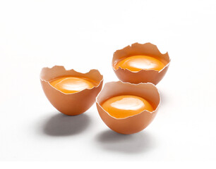 Opened eggshell  and egg yolk isolated on white background. - obrazy, fototapety, plakaty