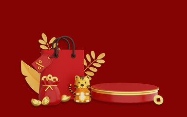 Obraz na płótnie Canvas 3d happy chinese new year podium display product on red background