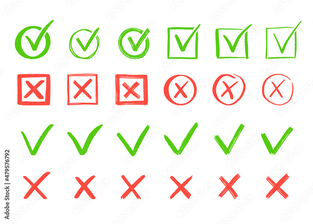 Aufkleber green check and red cross mark set. hand drawn doodle sketch style. vote, yes, no drawn concept. che