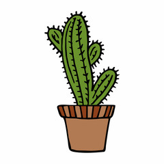 Сacti in flower pot on white background. Doodle style. Vector image.