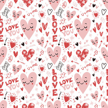 Hand drawn romantic seamless pattern with hearts, stars, arrows and love letters on a white background. Vector cute doodle background. Ideal for wrapping paper, decor, textiles.