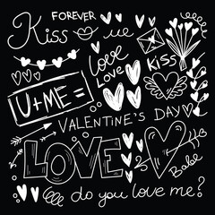 Chalk board hand painted illustration set with heart, love, arrows, love letters, lips, calligraphy in doodle style. Modern design for wedding or valentine's day.