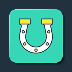 Filled outline Horseshoe icon isolated on blue background. Turquoise square button. Vector