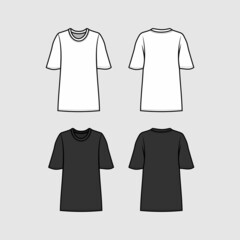 Crew neck t-shirt technical fashion illustration with short sleeves, oversized body, tunic length. Flat apparel template front back white and black color. Women men unisex outfit top CAD mockup