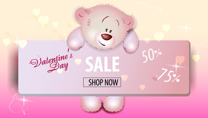 Valentines day sale background with teddy bear and hearts.Cute design