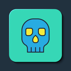 Filled outline Skull icon isolated on blue background. Happy Halloween party. Turquoise square button. Vector