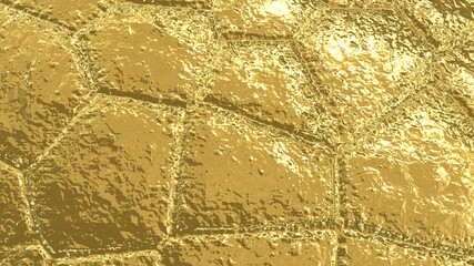 The golden surface of the cobblestone pavement. Golden background. The texture of the sidewalk is yellow with sun glare.
