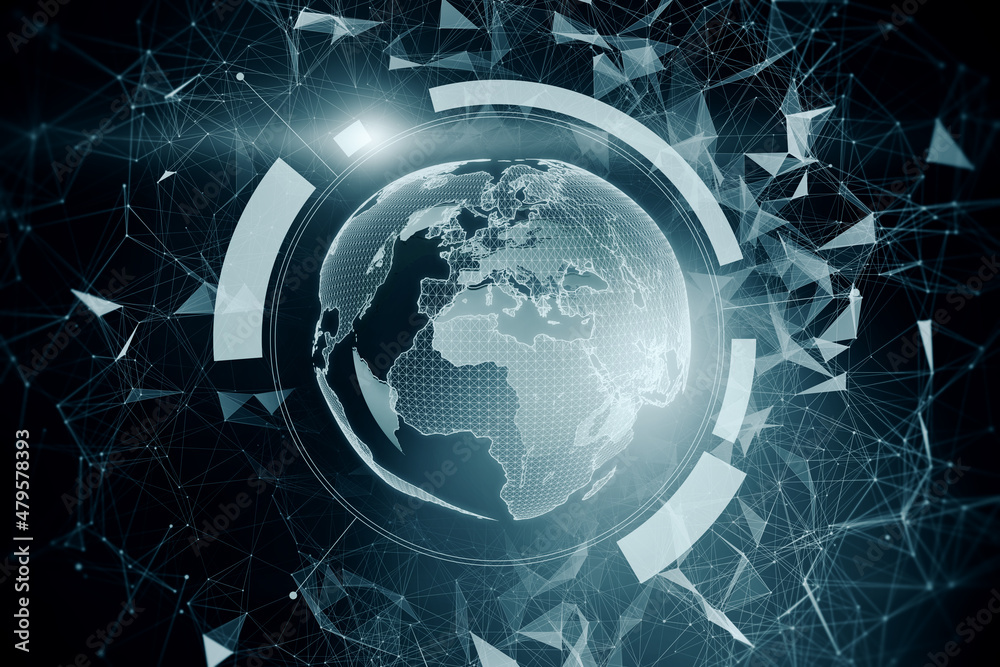Aufkleber glowing digital polygonal globe on blurry blue background. technology, innovation and futuristic net