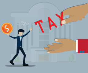 Flat design of  business finance,Big hands request the tax from young man - vector