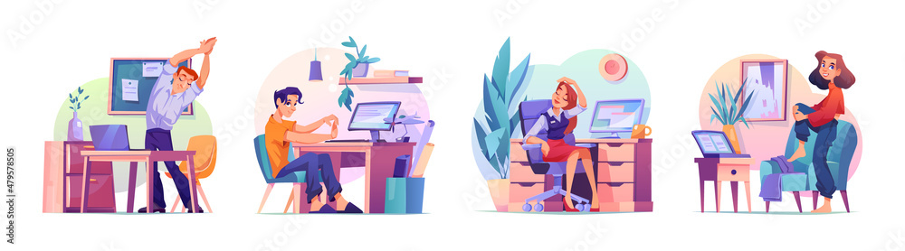 Poster people at home or in office stretching and relaxing during break isolated flat cartoon characters at
