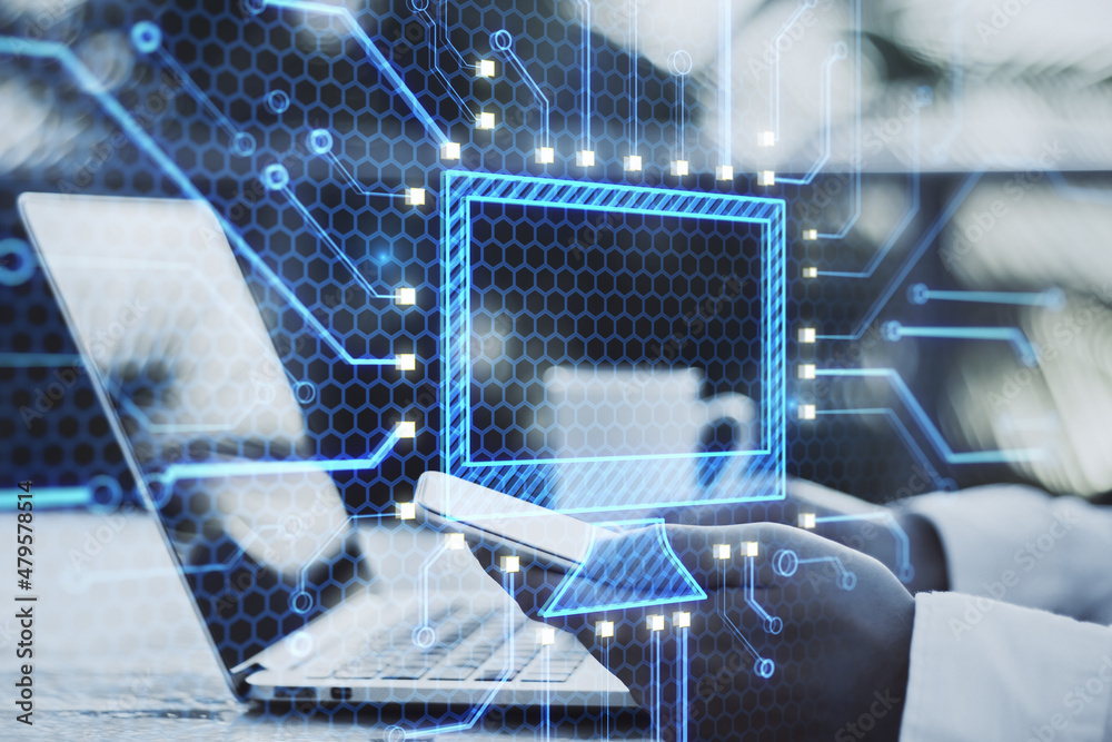 Poster Close up of man hands using laptop with abstract glowing computer monitor chip and circuit hologram on blurry outdoor background. Technology, information and internet concept. Double exposure.