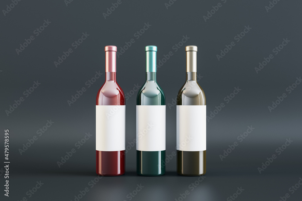 Poster empty white label wine bottles on gray background. alcohol, winery, beverage and elegance concept. m