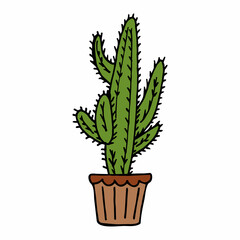 Creative cacti in flower pot on white background. Doodle style. Vector image.