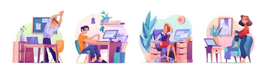 People at home or in office stretching and relaxing during break isolated flat cartoon characters at workplace. Vector workers doing exercises to reduce stress and tiredness, standing and sitting