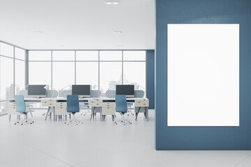 Modern concrete coworking office room interior with clean mock up banner on wall, panoramic window with city view, equipment, daylight and furniture. 3D Rendering.