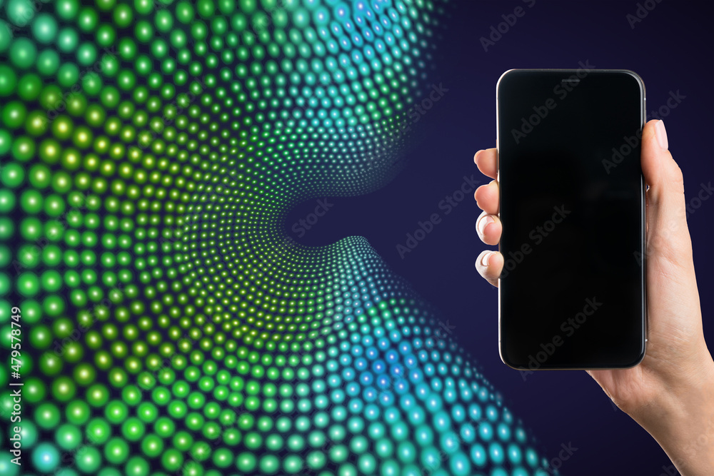 Poster close up of hand holding smartphone with mock up place on black screen on creative big data flow bac