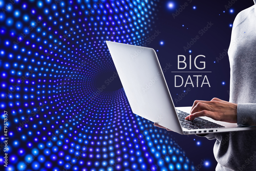 Poster Close up of hands using laptop on creative big data flow background. Technology, cyberspace, science and digital stream concept.