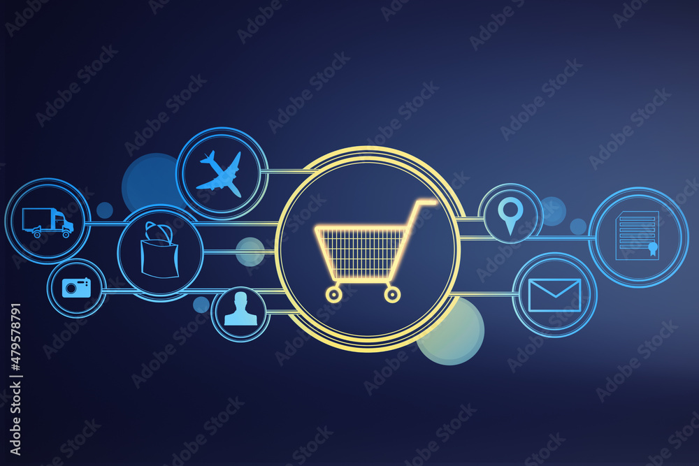 Poster abstract glowing cart interface on blue background. online shopping and e-commerce concept. 3d rende