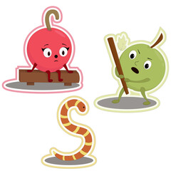 green apple, small yellow-brown snake and sad cherry