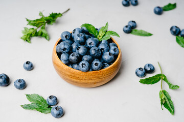 Top view of a bowl of blueberries. Eco-friendly dish.
