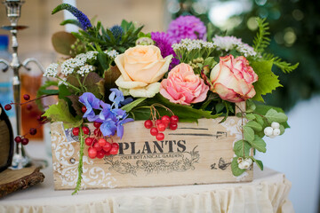 Flowers in a wooden box, wooden box with flowers