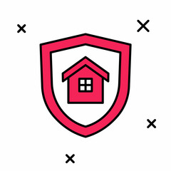 Filled outline House with shield icon isolated on white background. Insurance concept. Security, safety, protection, protect concept. Vector