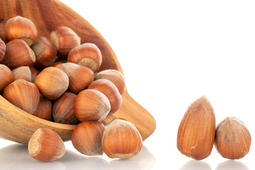 Several organic hazelnuts with a wooden cup, close-up, isolated on white.