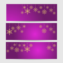 Elegant hanging winter purple gold Snowflake design template banner