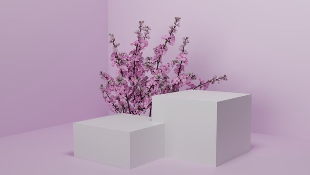 3d podium for cosmetics demonstration. The square stage is white with pink flowers on the background of the walls with shadow from the sunlight. 3d rendering.