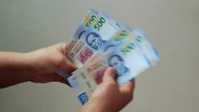 Mujer contando cuenta dinero en efectivo billetes de 500 pesos mexicanos manos trabajadoras 