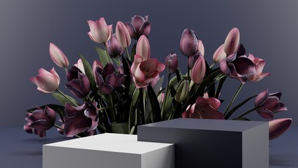 Podium, stand, showcase on pastel light, background and flowers. for premium product with nature plant, leaves.3d render.