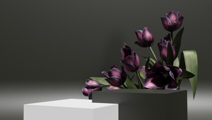 3D rendering flower background with geometric shape podium for product display, minimal concept,...