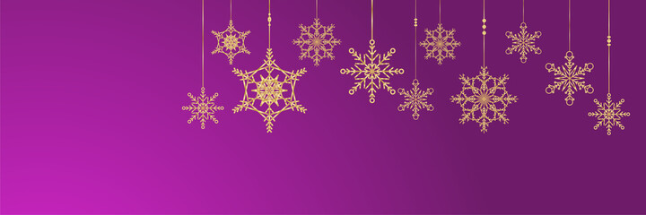 Elegant hanging winter purple gold Snowflake design template banner