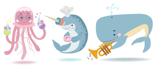 Medusa is a scientist. Narwhal bakes donuts in a chef's hat. Whale the trumpeter plays music. Children's animal illustrations.