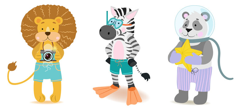 A lion in turquoise pants takes pictures. Zebra goes swimming in underwater glasses and fins. Panda astronaut in purple shorts holds a star.