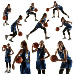 Fototapeta Set of professional female basketball player in blue sports uniform with ball in motion, action isolated on white studio background. obraz