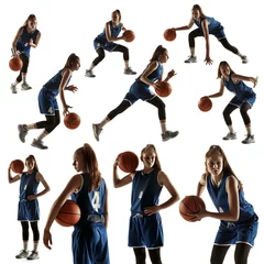  Set of professional female basketball player in blue sports uniform with ball in motion, action isolated on white studio background. © master1305