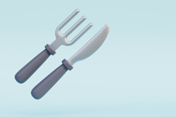 Silver fork and knife isolated on a light background. 3d render. Cutlery, silverware.