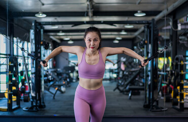 Fototapeta na wymiar Sport fitness athlete woman with sportwear training weightless equipment at gym for bodybuilding healthy lifestyle concept. 