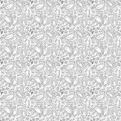 Seamless pattern with circles, triangles, lines, ovals, flowers, trees. Black and white colors. Geometric background. Illustration. Design for textile fabrics, wrapping paper, wallpaper, cover.